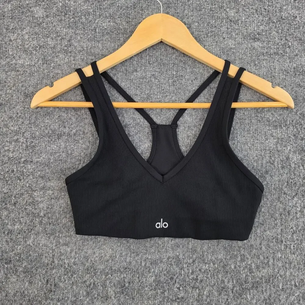Alo Yoga Sports Bra Womens XS Ribbed V Neck Crossback Black Yoga Gym Pilates